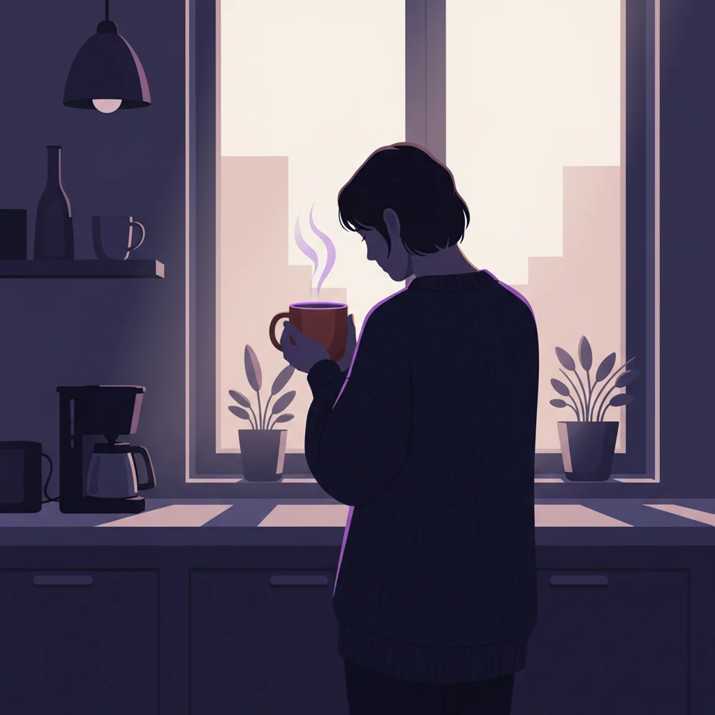 Anonymous person seen from behind holding a warm coffee mug by a kitchen window in the morning